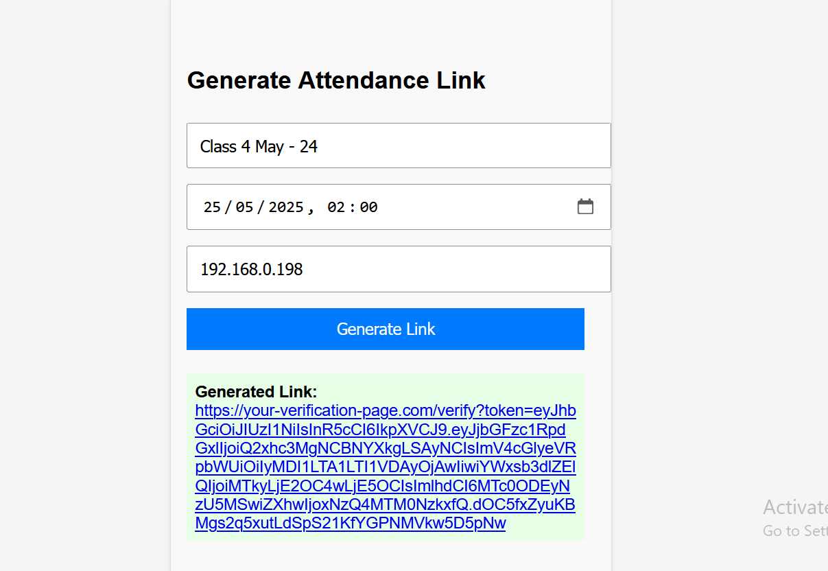 Lecturer portal — generate tokenized verification link UI